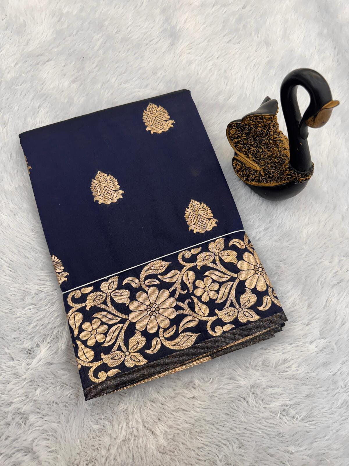 Elaborate Navy Blue Soft Banarasi Silk Saree With Magnificat Blouse Piece