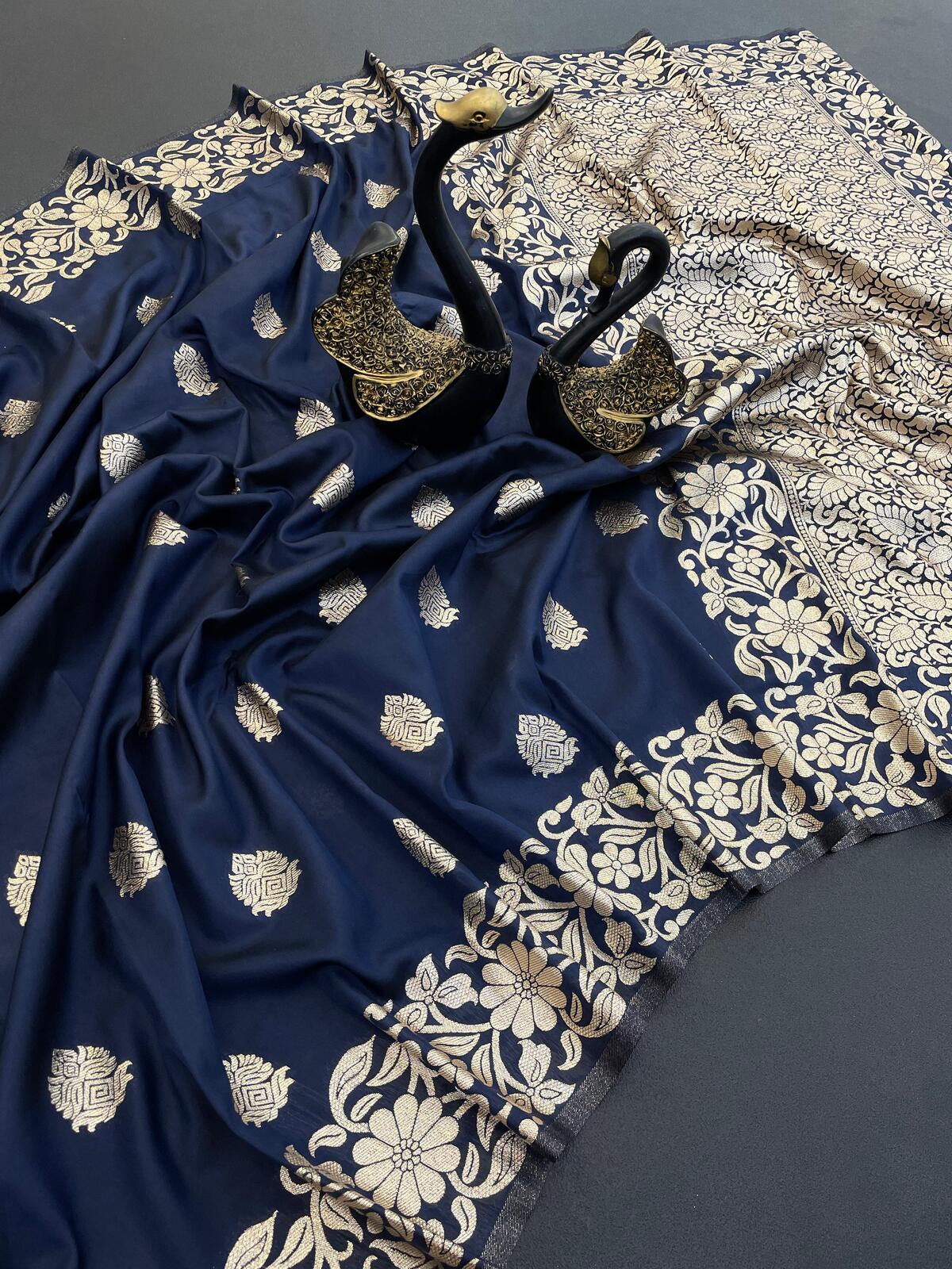 Elaborate Navy Blue Soft Banarasi Silk Saree With Magnificat Blouse Piece
