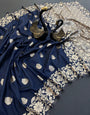 Elaborate Navy Blue Soft Banarasi Silk Saree With Magnificat Blouse Piece