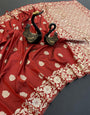Most Stunning Red Soft Banarasi Silk Saree With Appealing Blouse Piece