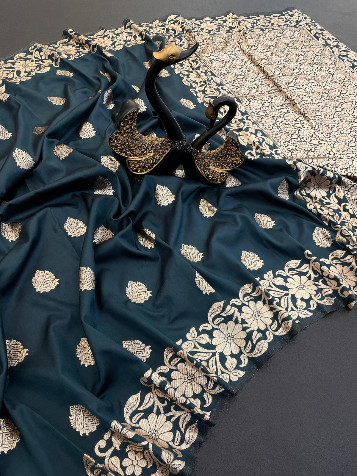 Ailurophile Teal Blue Soft Banarasi Silk Saree With Traditional Blouse Piece