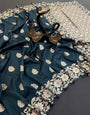 Ailurophile Teal Blue Soft Banarasi Silk Saree With Traditional Blouse Piece