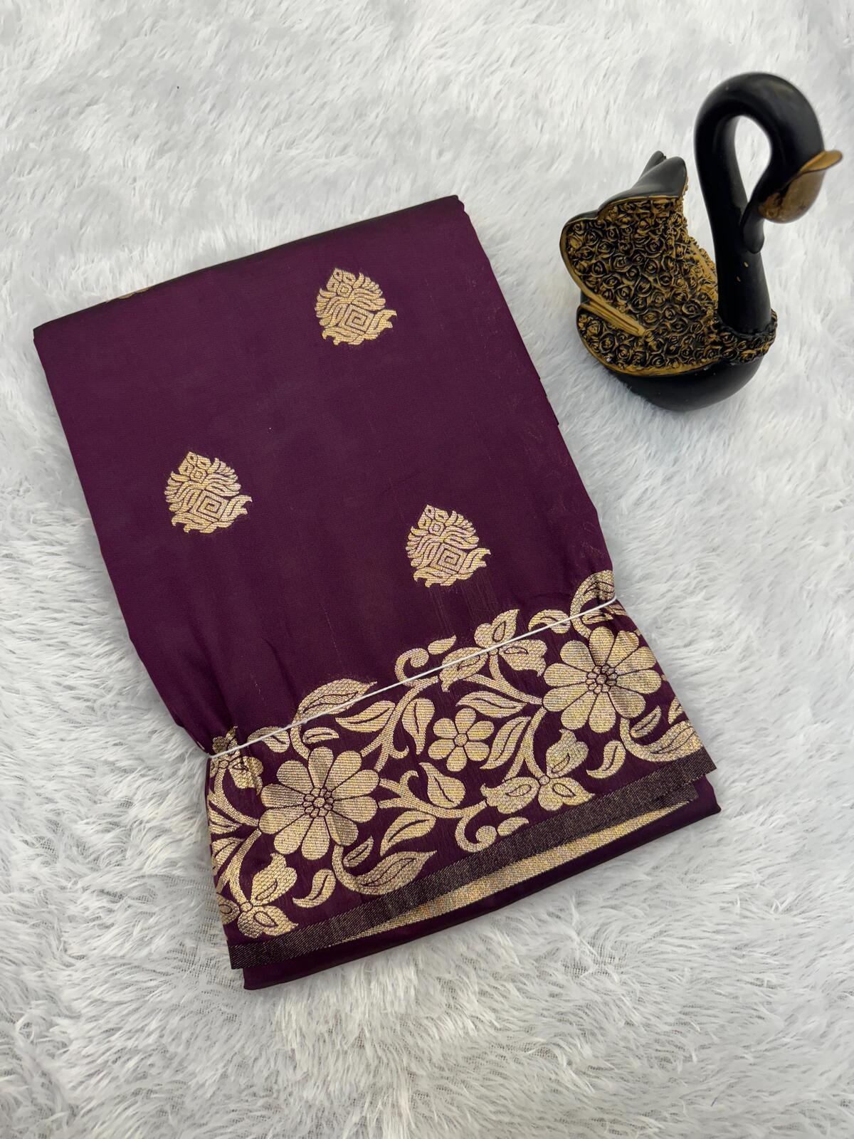 Prettiest Wine Soft Banarasi Silk Saree With Blooming Blouse Piece