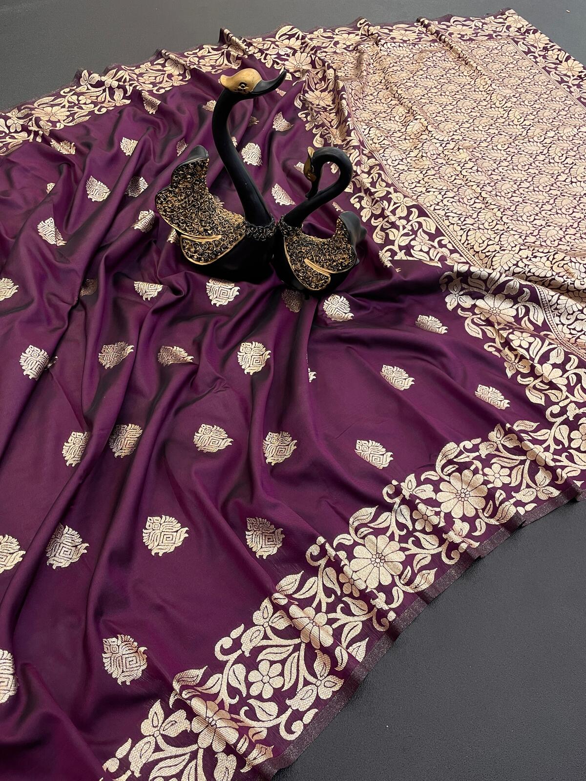 Prettiest Wine Soft Banarasi Silk Saree With Blooming Blouse Piece