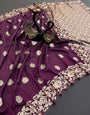 Prettiest Wine Soft Banarasi Silk Saree With Blooming Blouse Piece