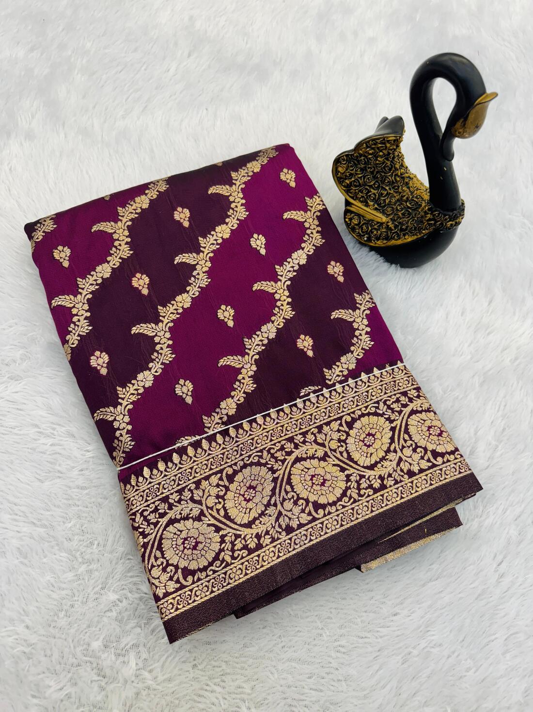 Radiant Wine Soft Banarasi Silk Saree With Gossamer Blouse Piece
