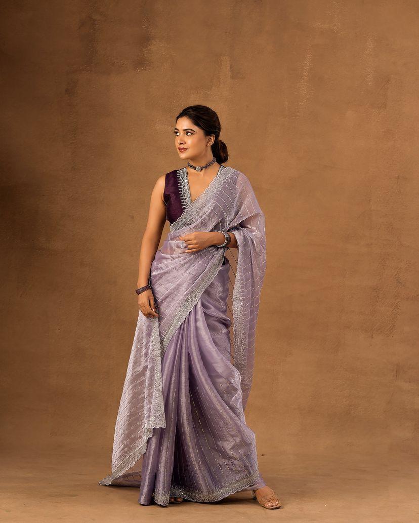 Exquisite Lavnder Embroidery Work Orgenza Silk Saree With Arresting Blouse Piece