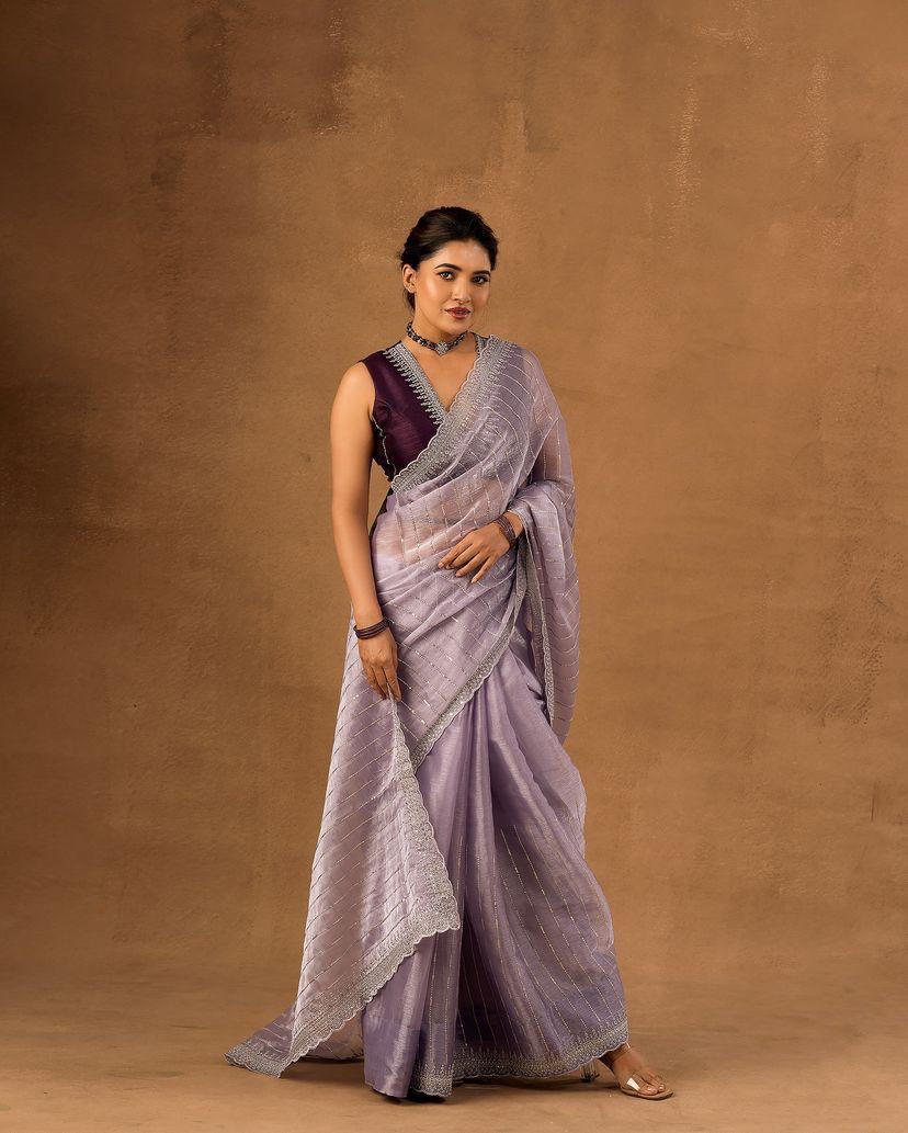 Exquisite Lavnder Embroidery Work Orgenza Silk Saree With Arresting Blouse Piece