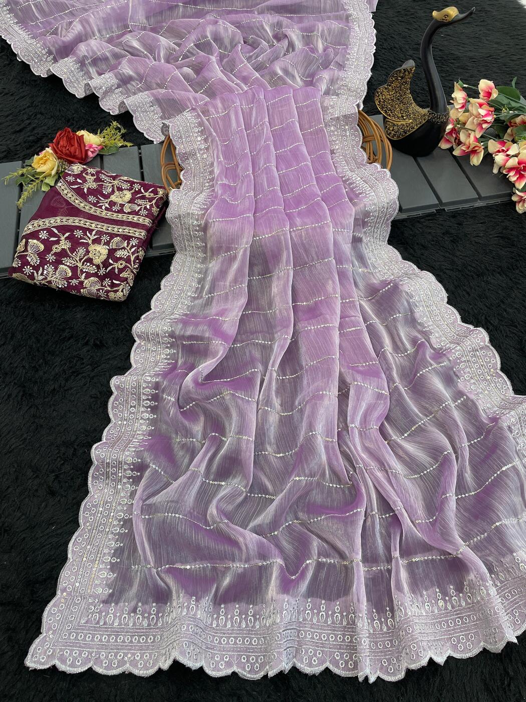 Exquisite Lavnder Embroidery Work Orgenza Silk Saree With Arresting Blouse Piece