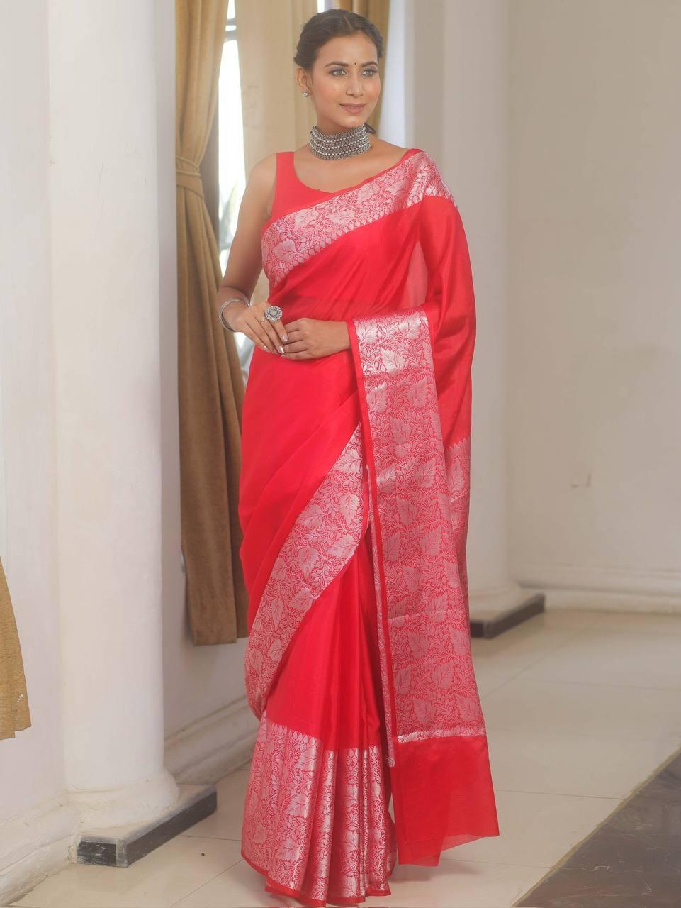 Elision Red Soft Silk Saree With Petrichor Blouse Piece