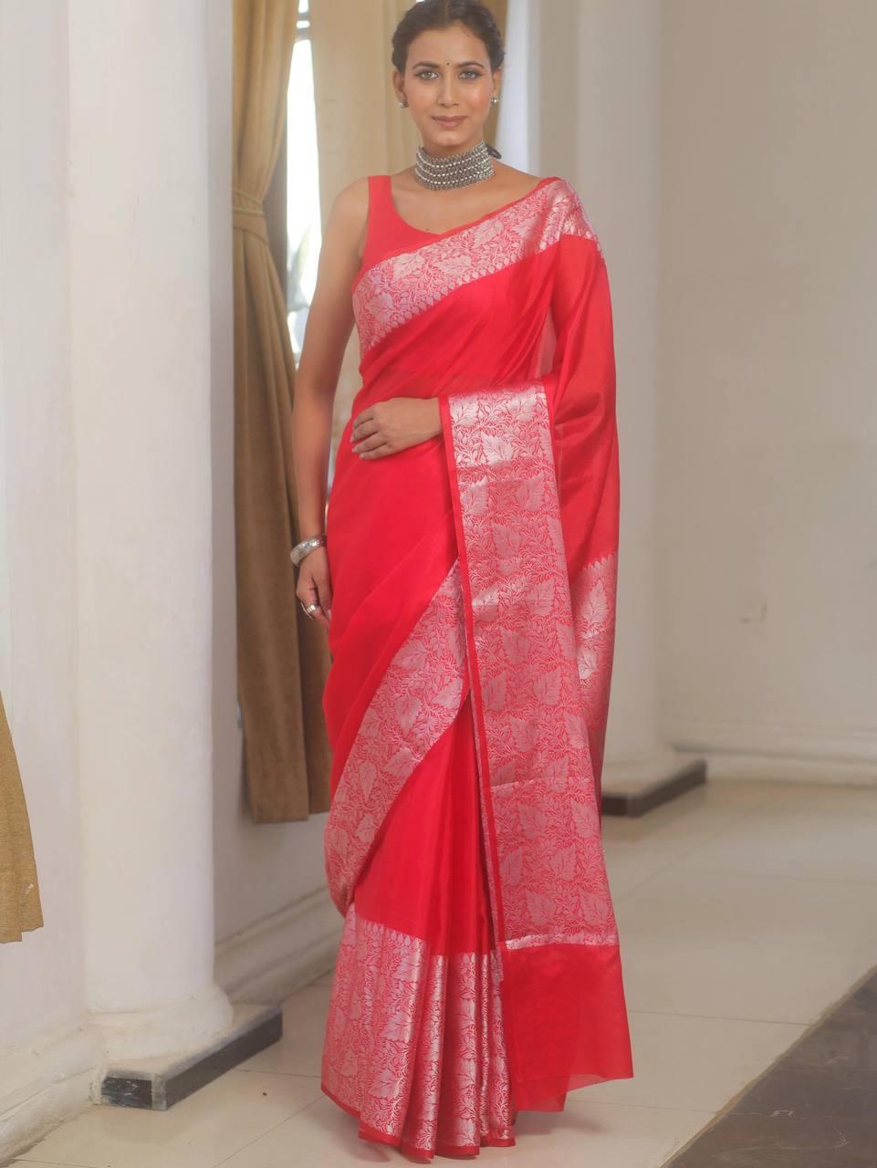 Elision Red Soft Silk Saree With Petrichor Blouse Piece