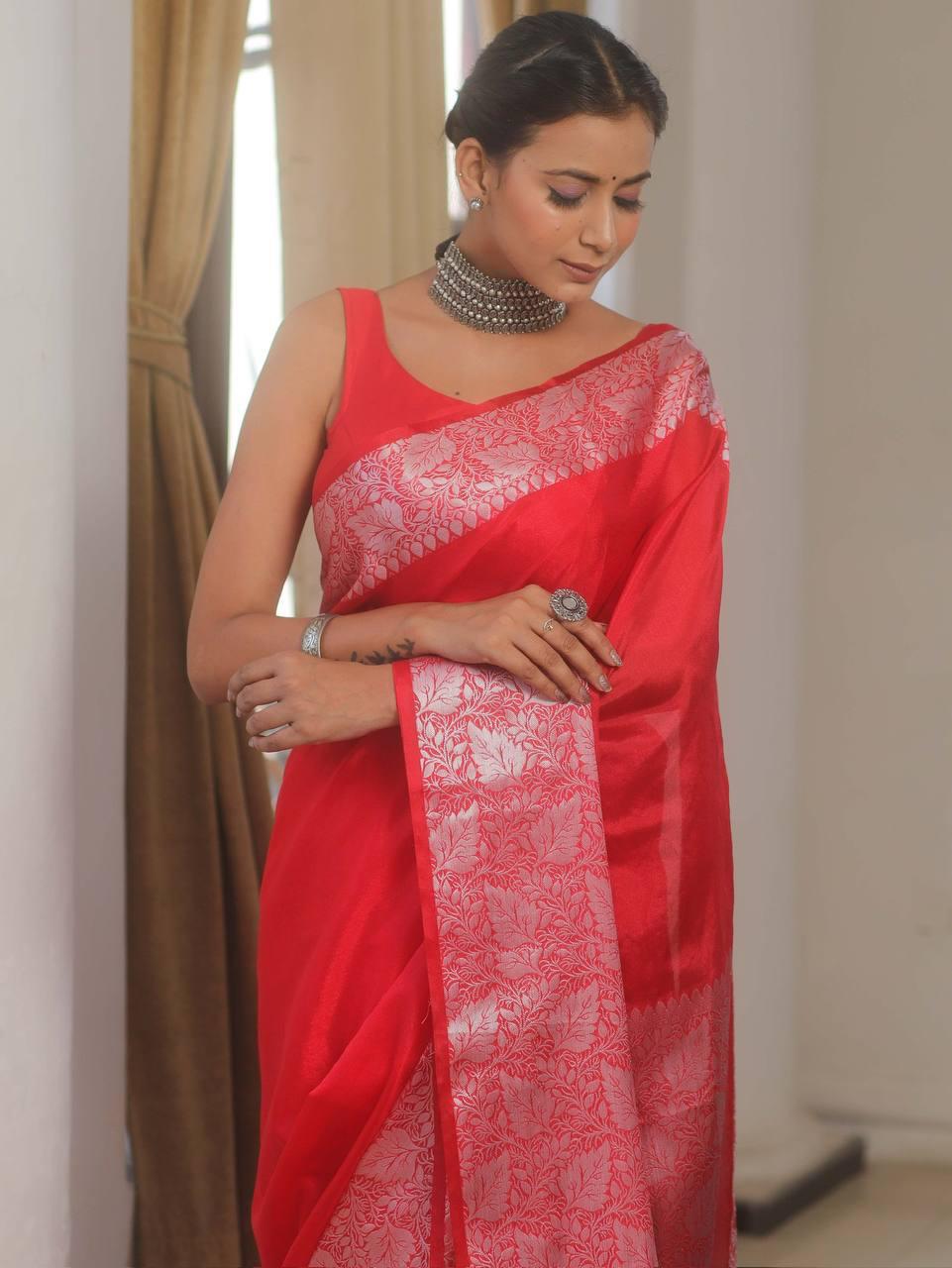 Elision Red Soft Silk Saree With Petrichor Blouse Piece