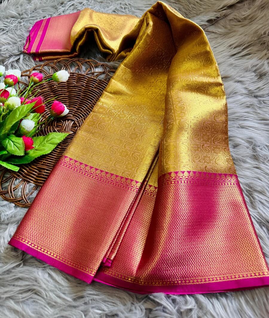 Lissome Golden Soft Tissue Silk Saree With Adoring Blouse Piece