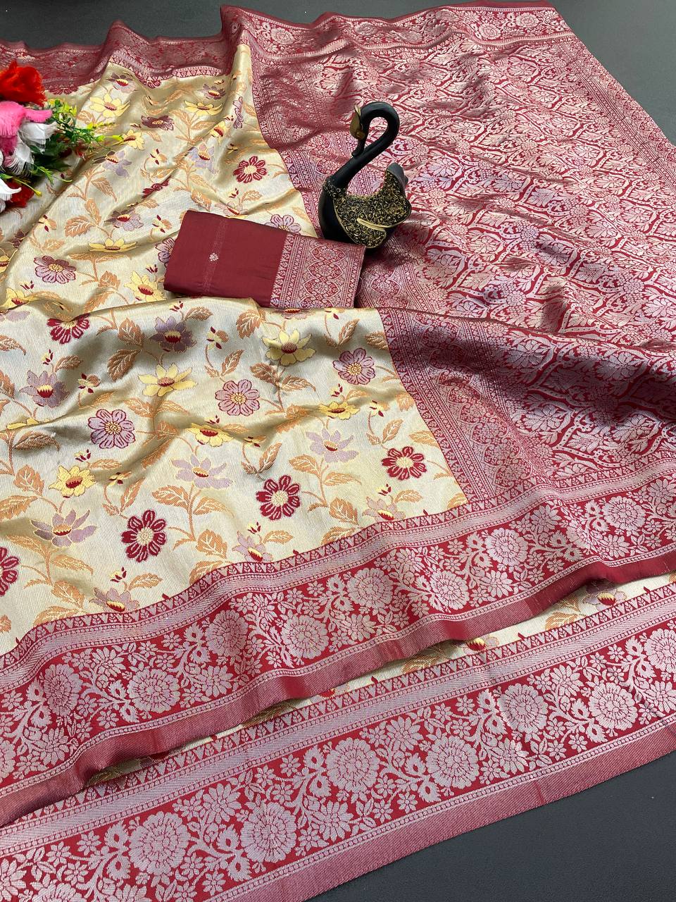 Twirling Beige Soft Banarasi Tissue Silk Saree With Opulent Blouse Piece