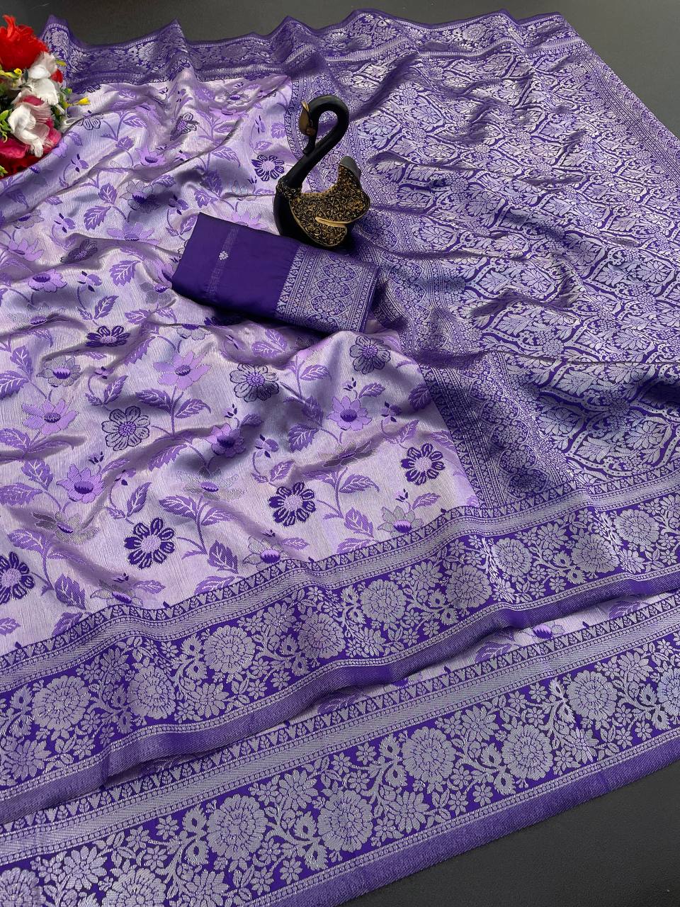 Classy Lavender Soft Banarasi Tissue Silk Saree With Tantalizing Blouse Piece