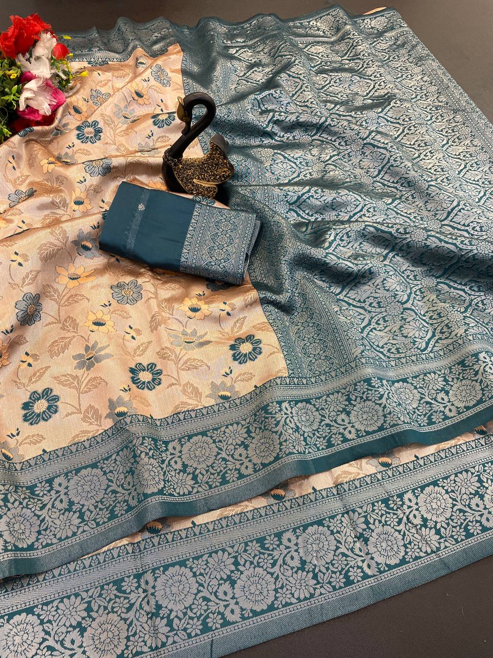 Lustrous Peach Soft Banarasi Tissue Silk Saree With Pulsating Blouse Piece