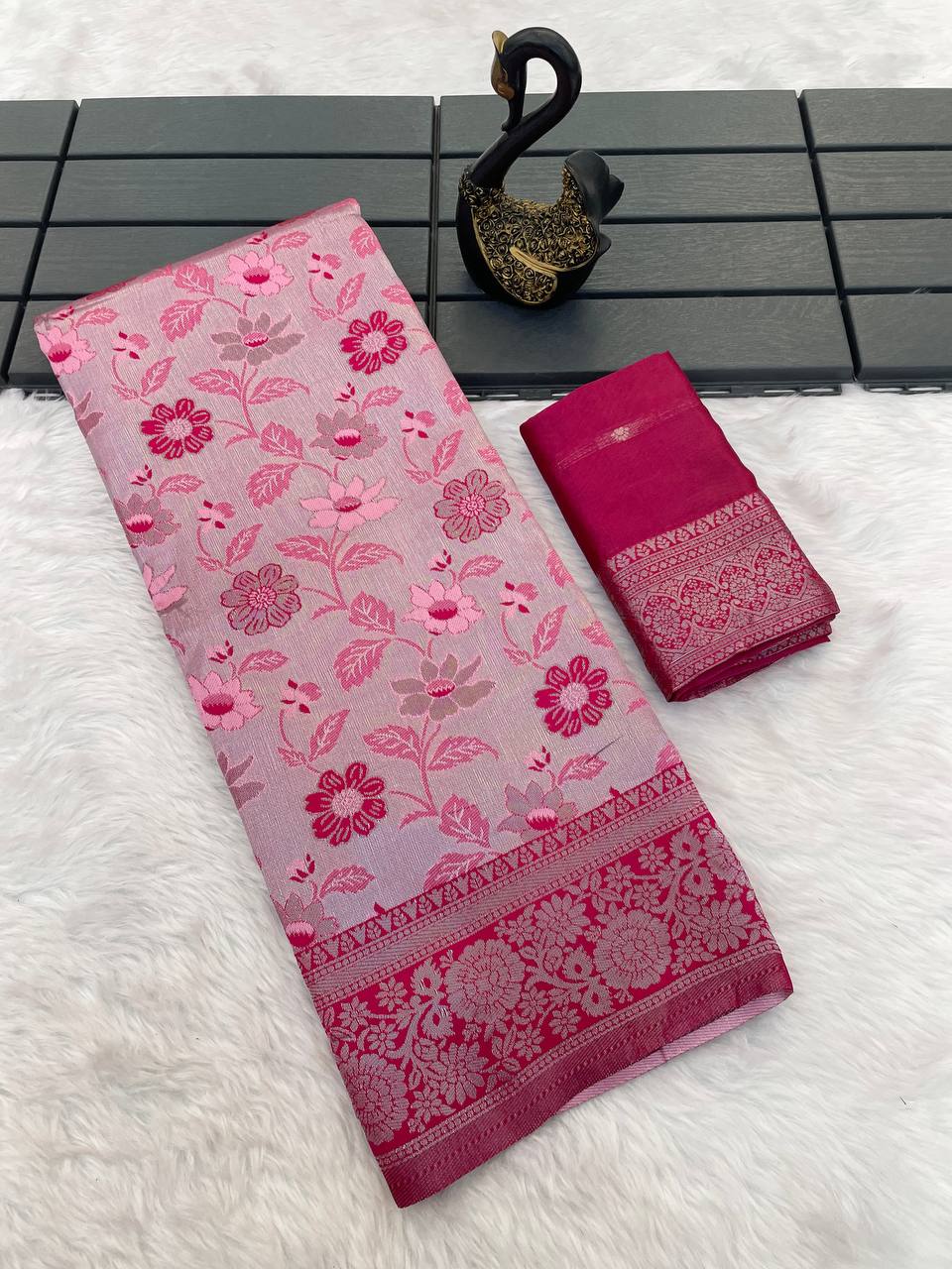 Unequalled Pink Soft Banarasi Tissue Silk Saree With Incomparable Blouse Piece