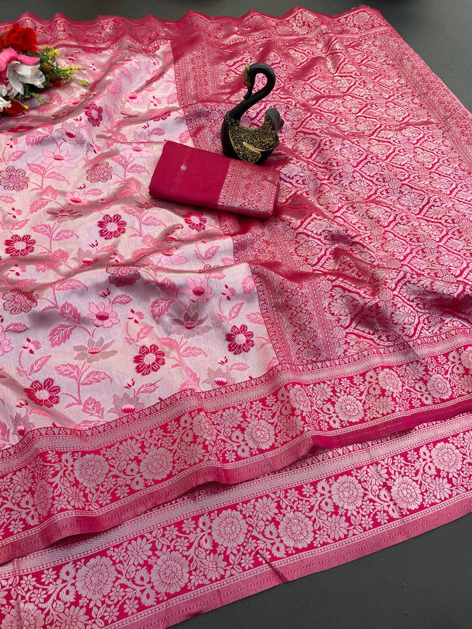 Unequalled Pink Soft Banarasi Tissue Silk Saree With Incomparable Blouse Piece