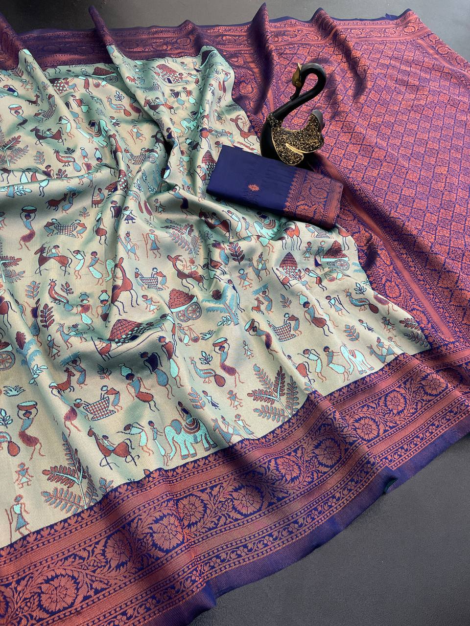 Innovative Pista Soft Banarasi Tissue Silk Saree With Smashing Blouse Piece