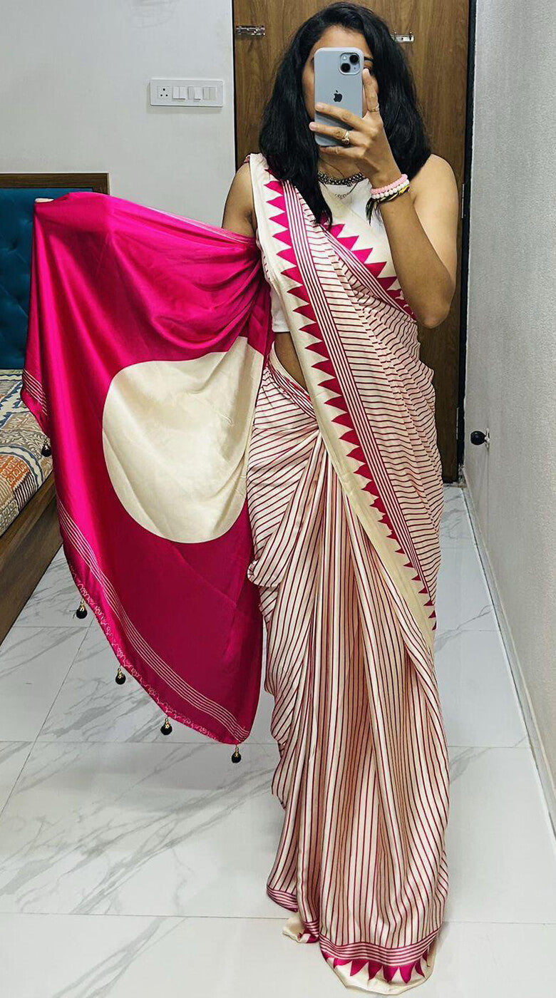 Palimpsest Dark Pink Digital Printed Crape Silk Saree Saree With Conflate Blouse Piece