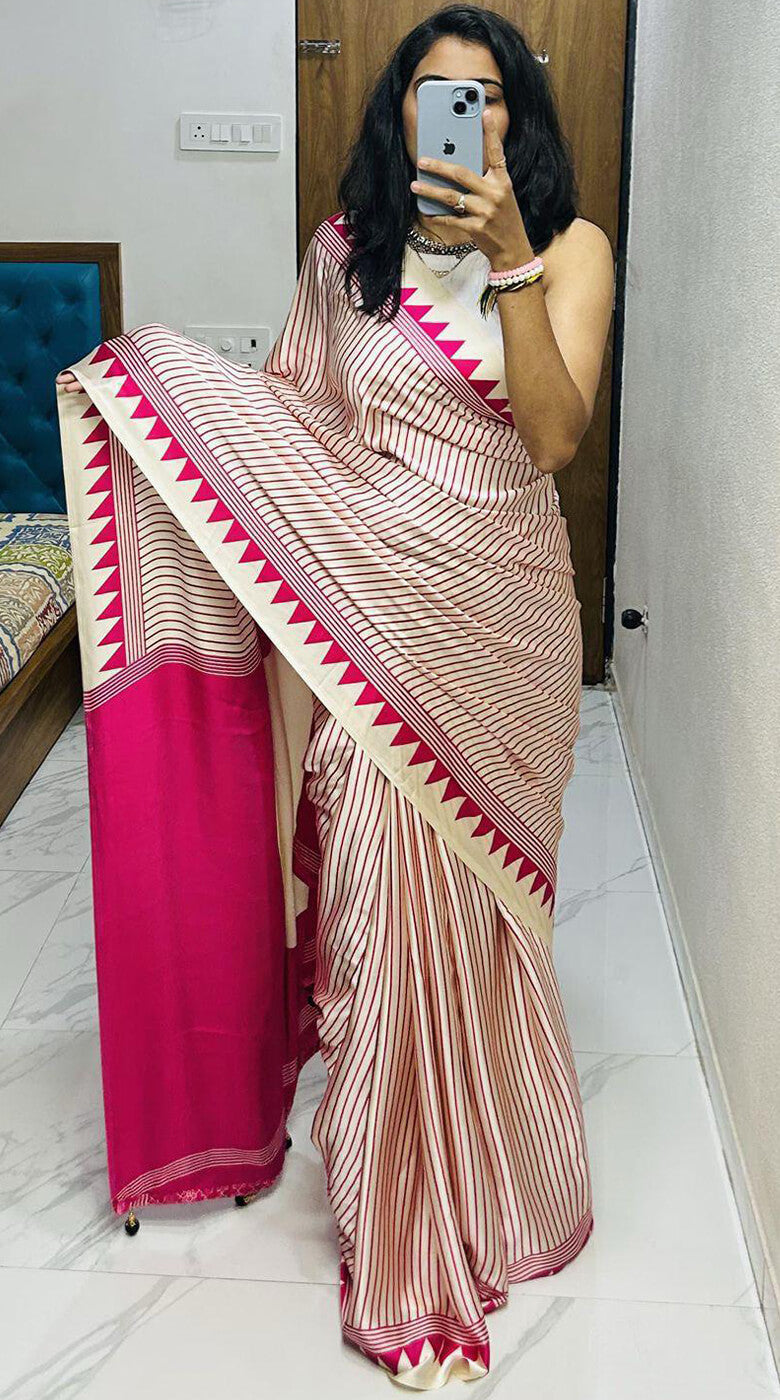Palimpsest Dark Pink Digital Printed Crape Silk Saree Saree With Conflate Blouse Piece