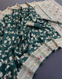 Most Flattering Dark Green Soft Banarasi Silk Saree With Assemblage Blouse Piece