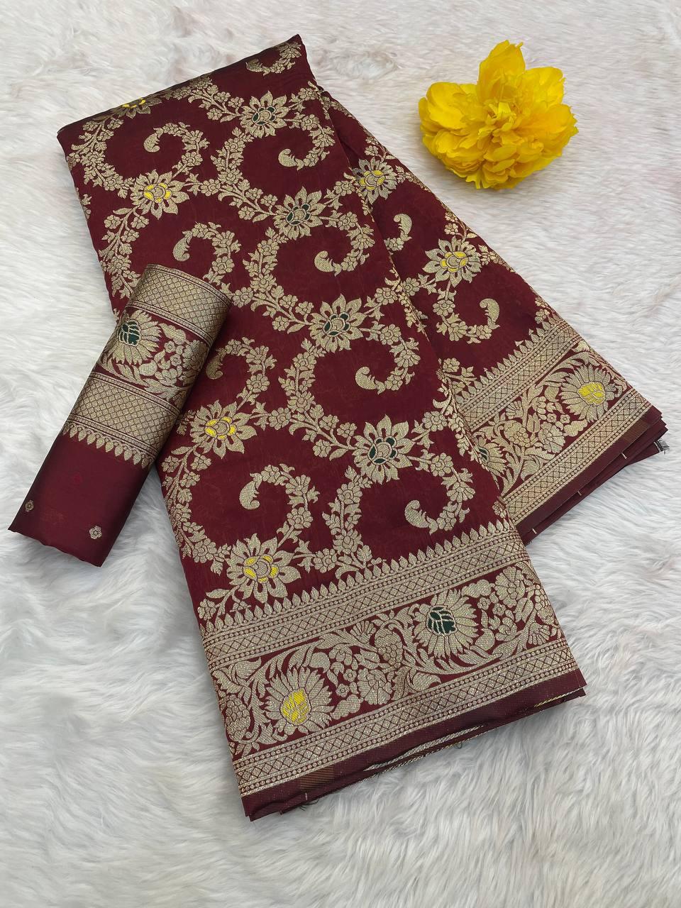 Unique Maroon Soft Banarasi Silk Saree With Ethnic Blouse Piece