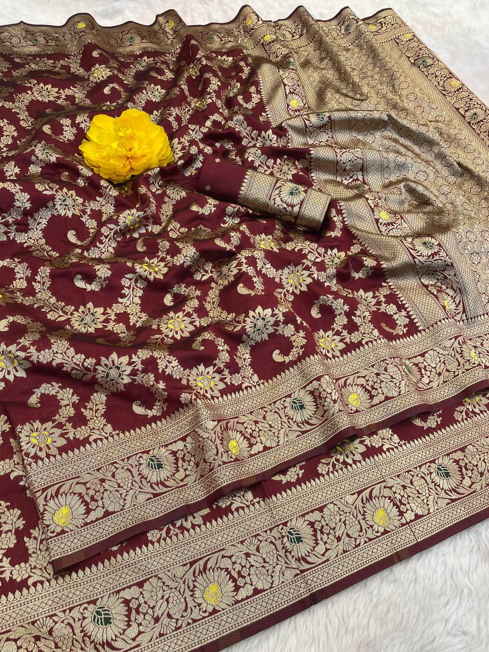 Unique Maroon Soft Banarasi Silk Saree With Ethnic Blouse Piece