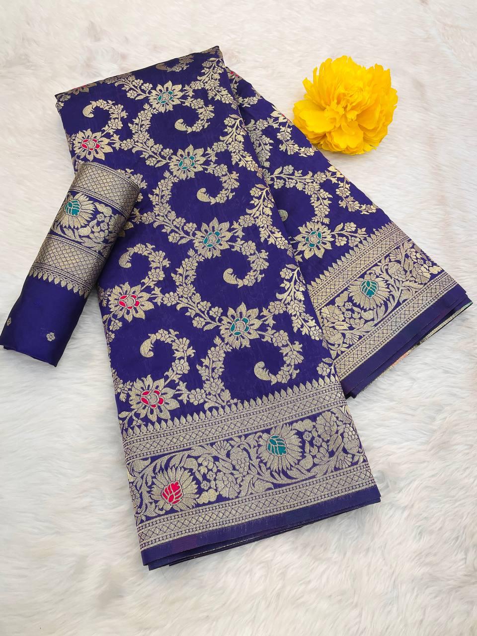 Snappy Royal Blue Soft Banarasi Silk Saree With Supernal Blouse Piece