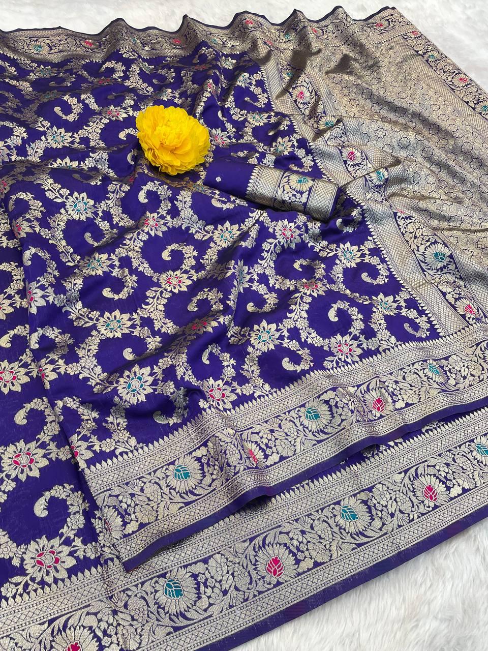 Snappy Royal Blue Soft Banarasi Silk Saree With Supernal Blouse Piece