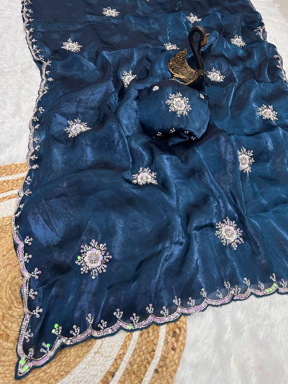 Fancifull Blue Sequence Work Fandy Silk Saree With Dalliance Blouse Piece