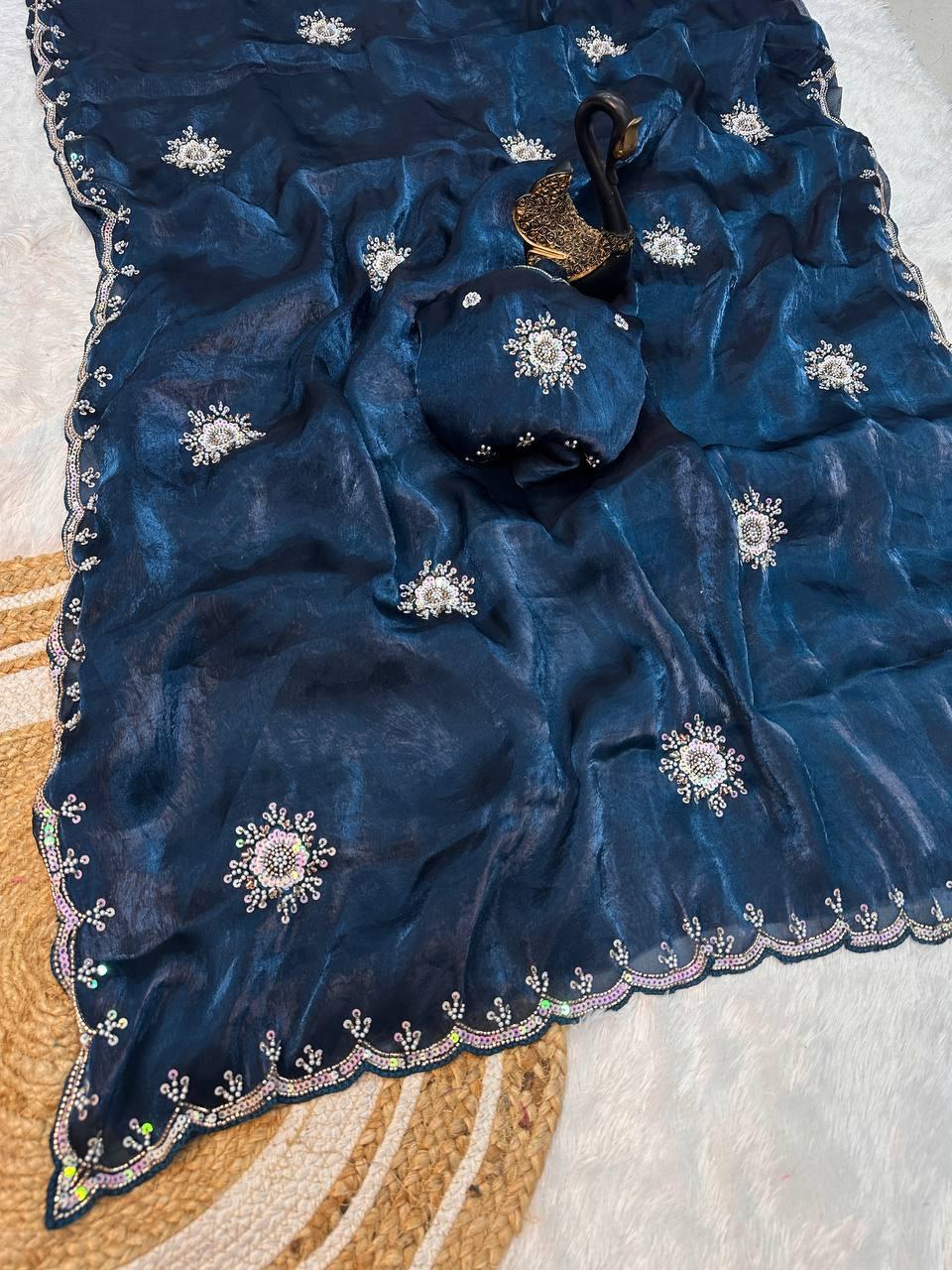 Fancifull Blue Sequence Work Fandy Silk Saree With Dalliance Blouse Piece