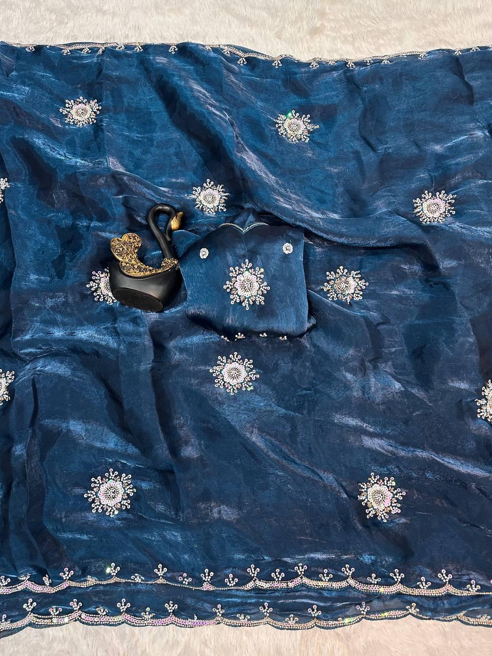 Fancifull Blue Sequence Work Fandy Silk Saree With Dalliance Blouse Piece