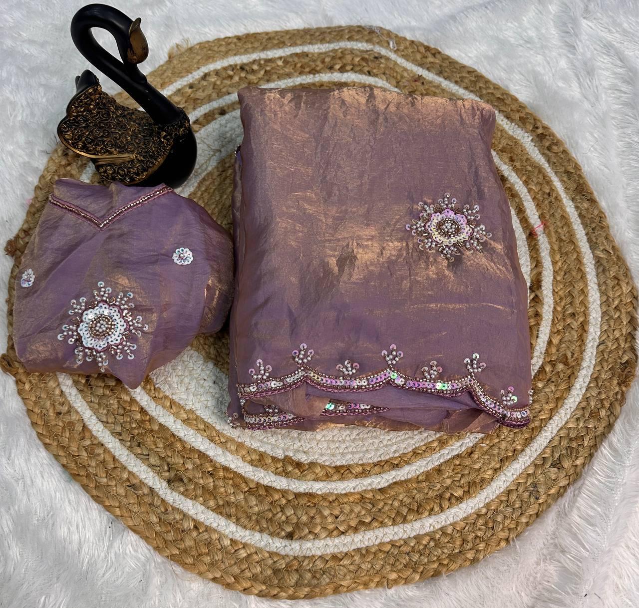 Breathtaking Lavender Sequence Work Fandy Silk Saree With Sizzling Blouse Piece