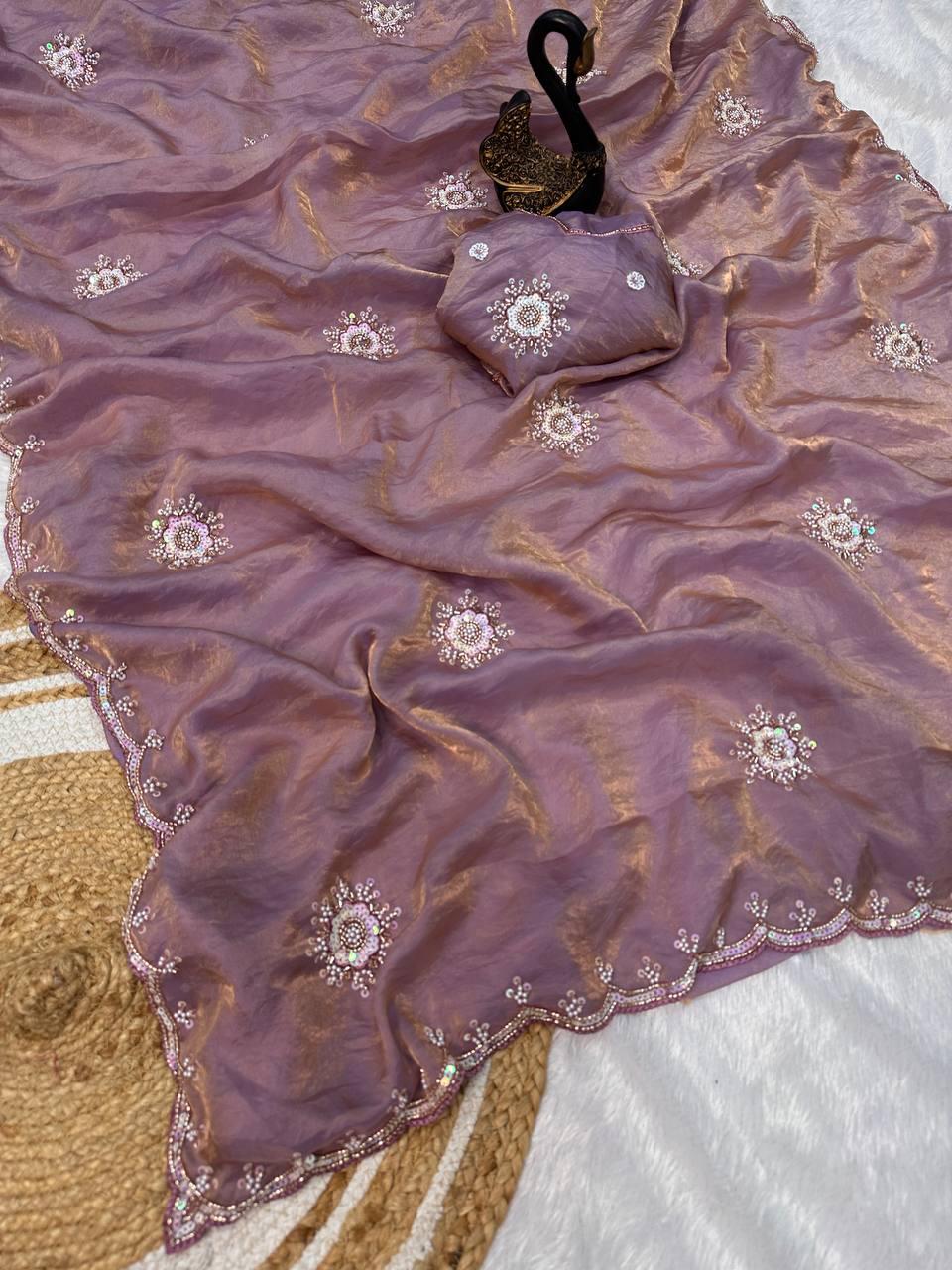 Breathtaking Lavender Sequence Work Fandy Silk Saree With Sizzling Blouse Piece