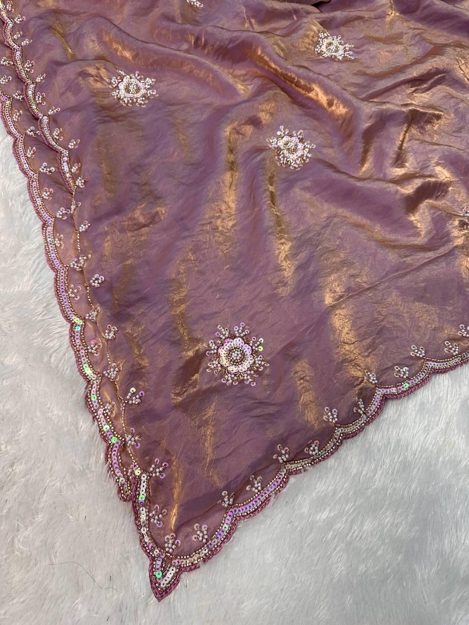 Breathtaking Lavender Sequence Work Fandy Silk Saree With Sizzling Blouse Piece