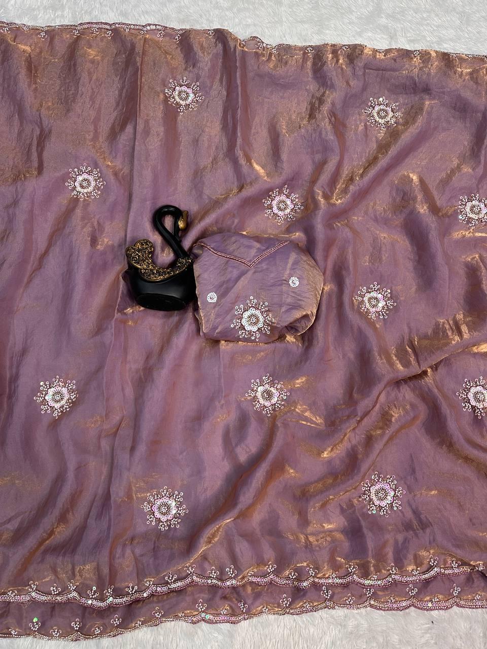 Breathtaking Lavender Sequence Work Fandy Silk Saree With Sizzling Blouse Piece