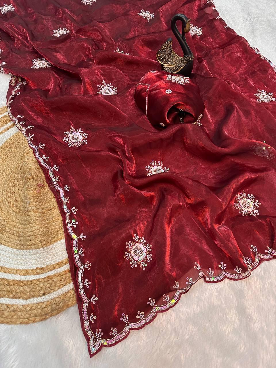 Marvellous Maroon Sequence Work Fandy Silk Saree With Hypnotic Blouse Piece