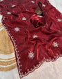 Marvellous Maroon Sequence Work Fandy Silk Saree With Hypnotic Blouse Piece