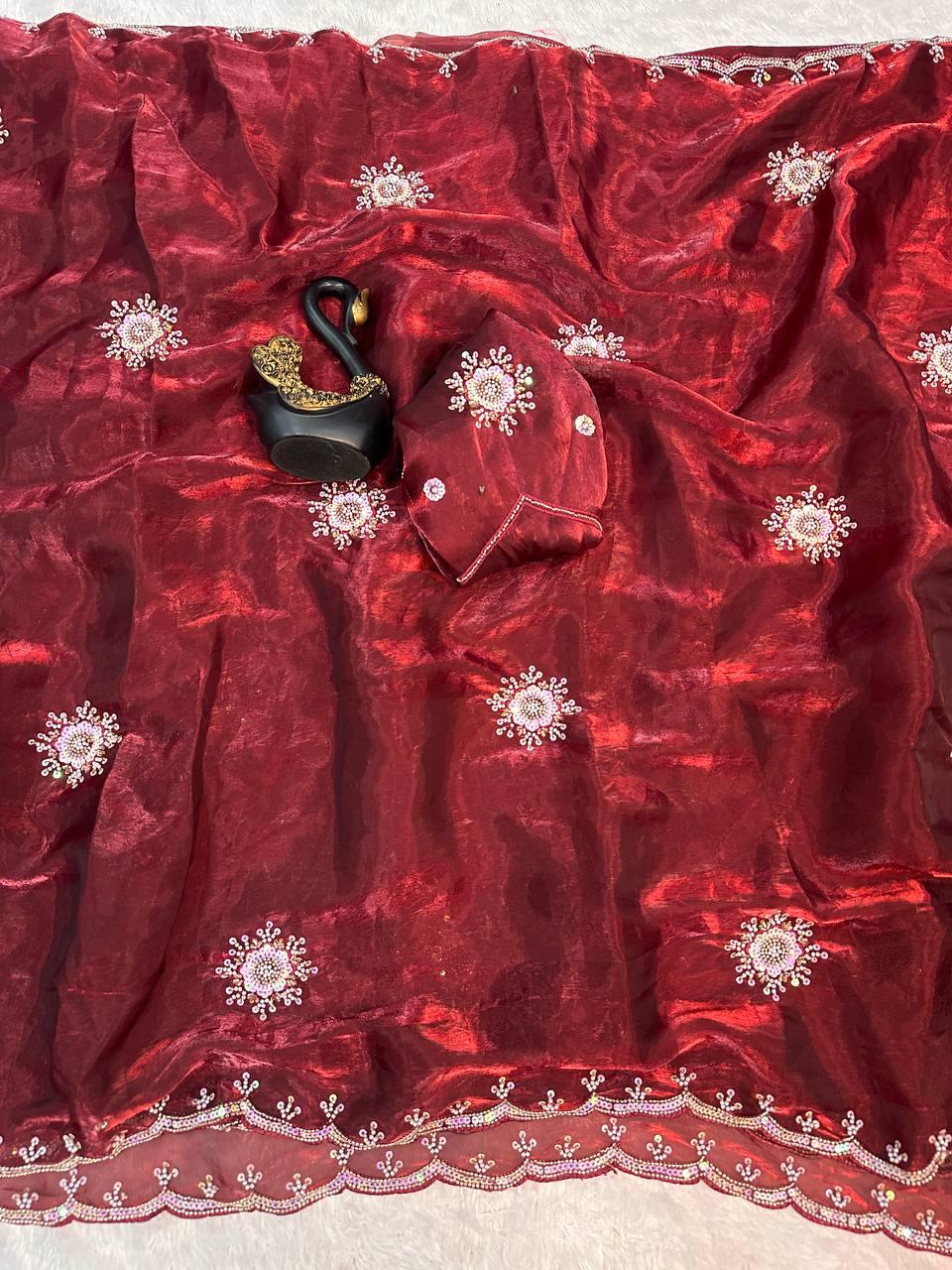 Marvellous Maroon Sequence Work Fandy Silk Saree With Hypnotic Blouse Piece