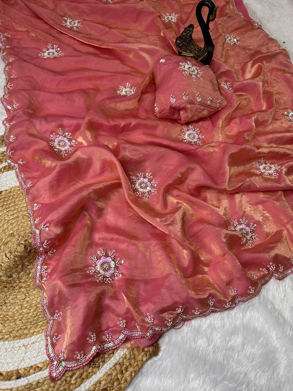 Chatoyant Pink Sequence Work Fandy Silk Saree With Petrichor Blouse Piece