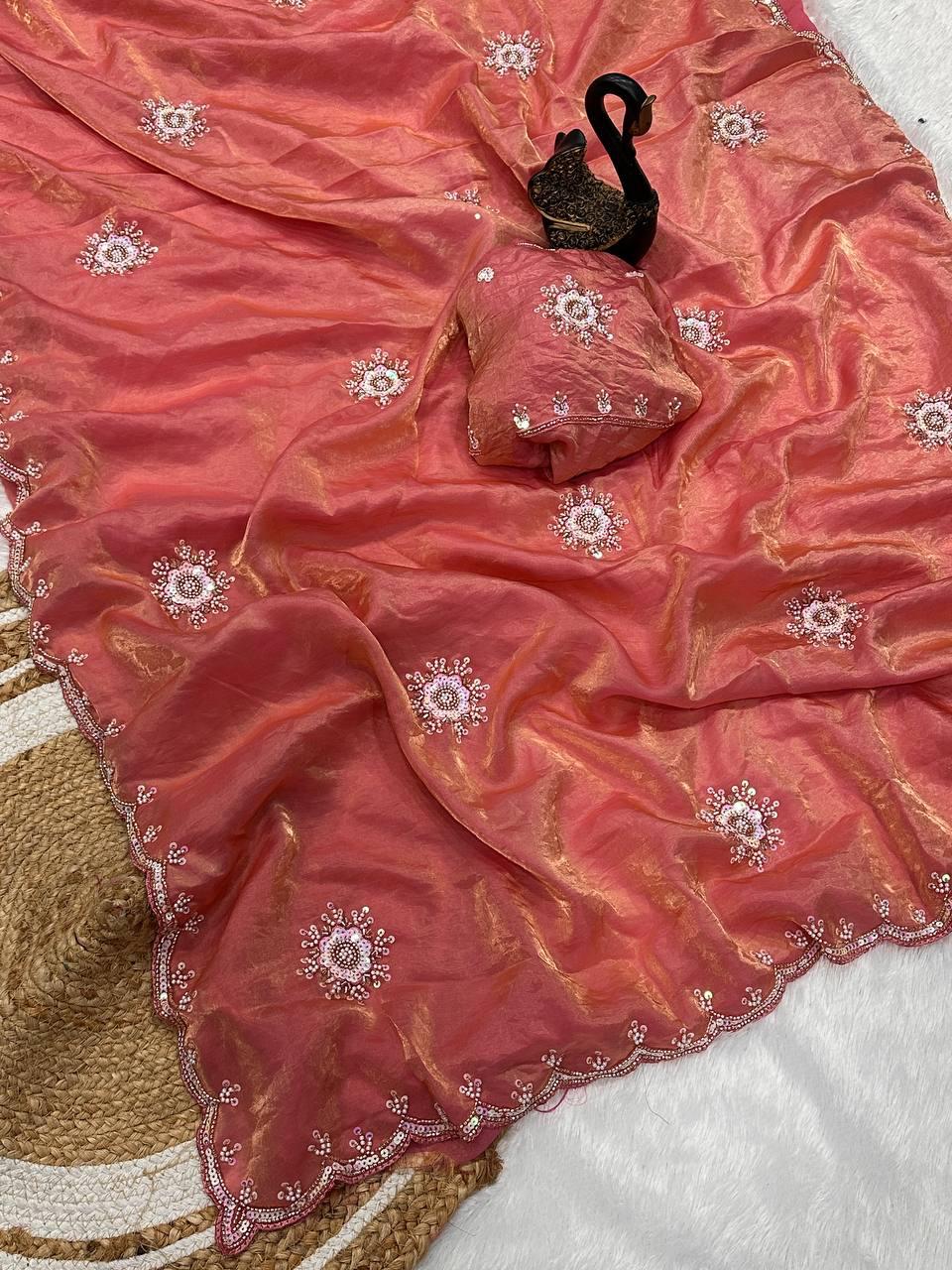 Chatoyant Pink Sequence Work Fandy Silk Saree With Petrichor Blouse Piece