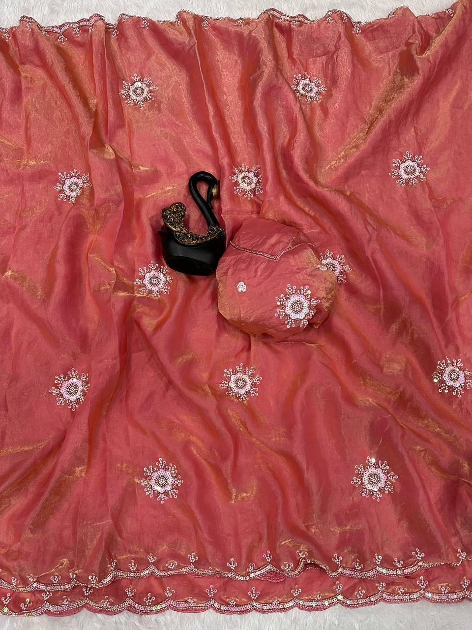 Chatoyant Pink Sequence Work Fandy Silk Saree With Petrichor Blouse Piece