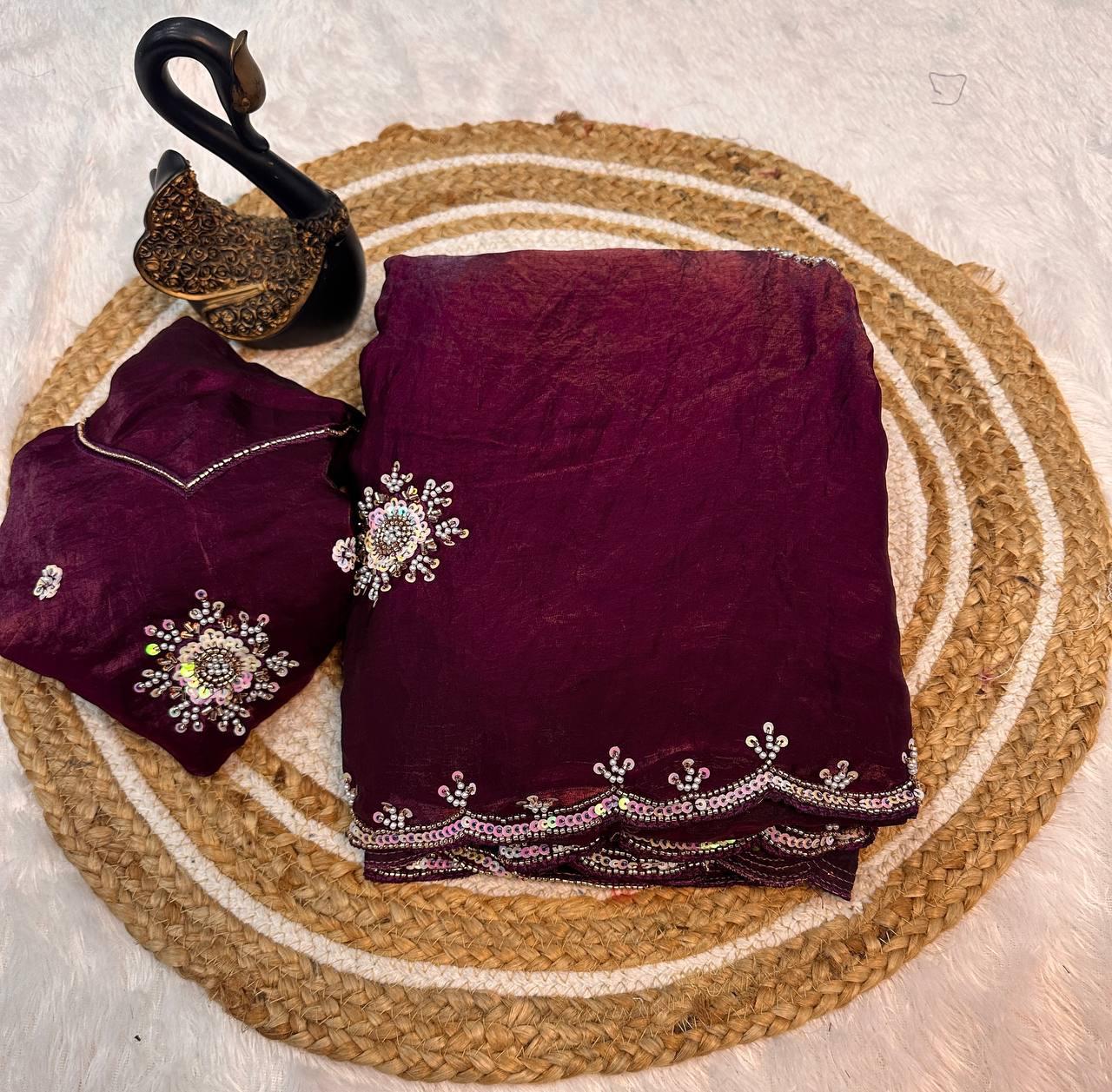 Blooming Purple Sequence Work Fandy Silk Saree With Petrichor Blouse Piece