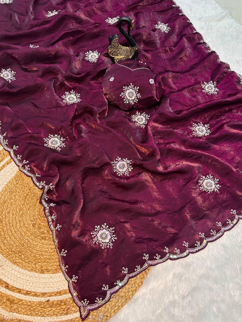 Blooming Purple Sequence Work Fandy Silk Saree With Petrichor Blouse Piece