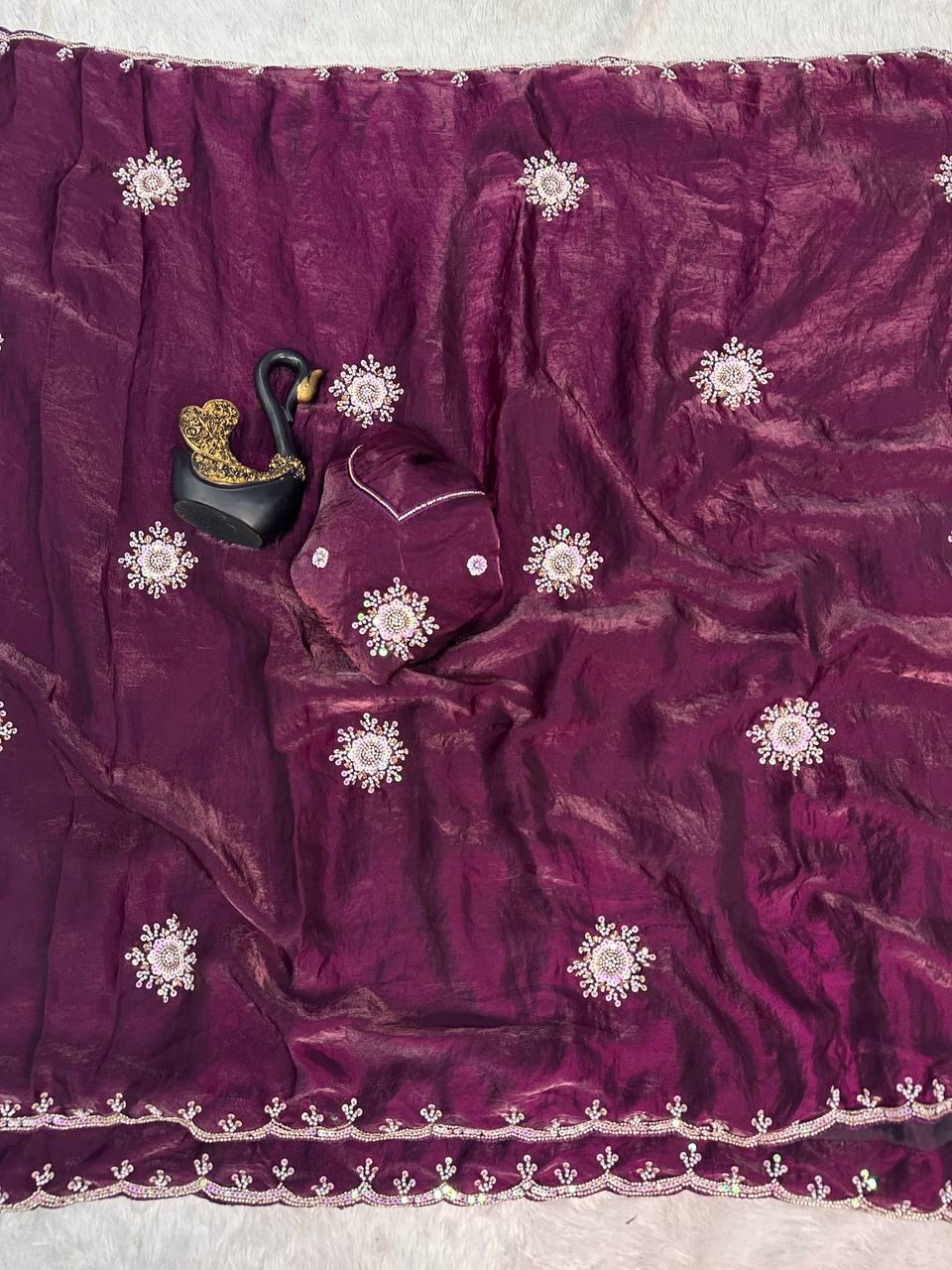 Blooming Purple Sequence Work Fandy Silk Saree With Petrichor Blouse Piece