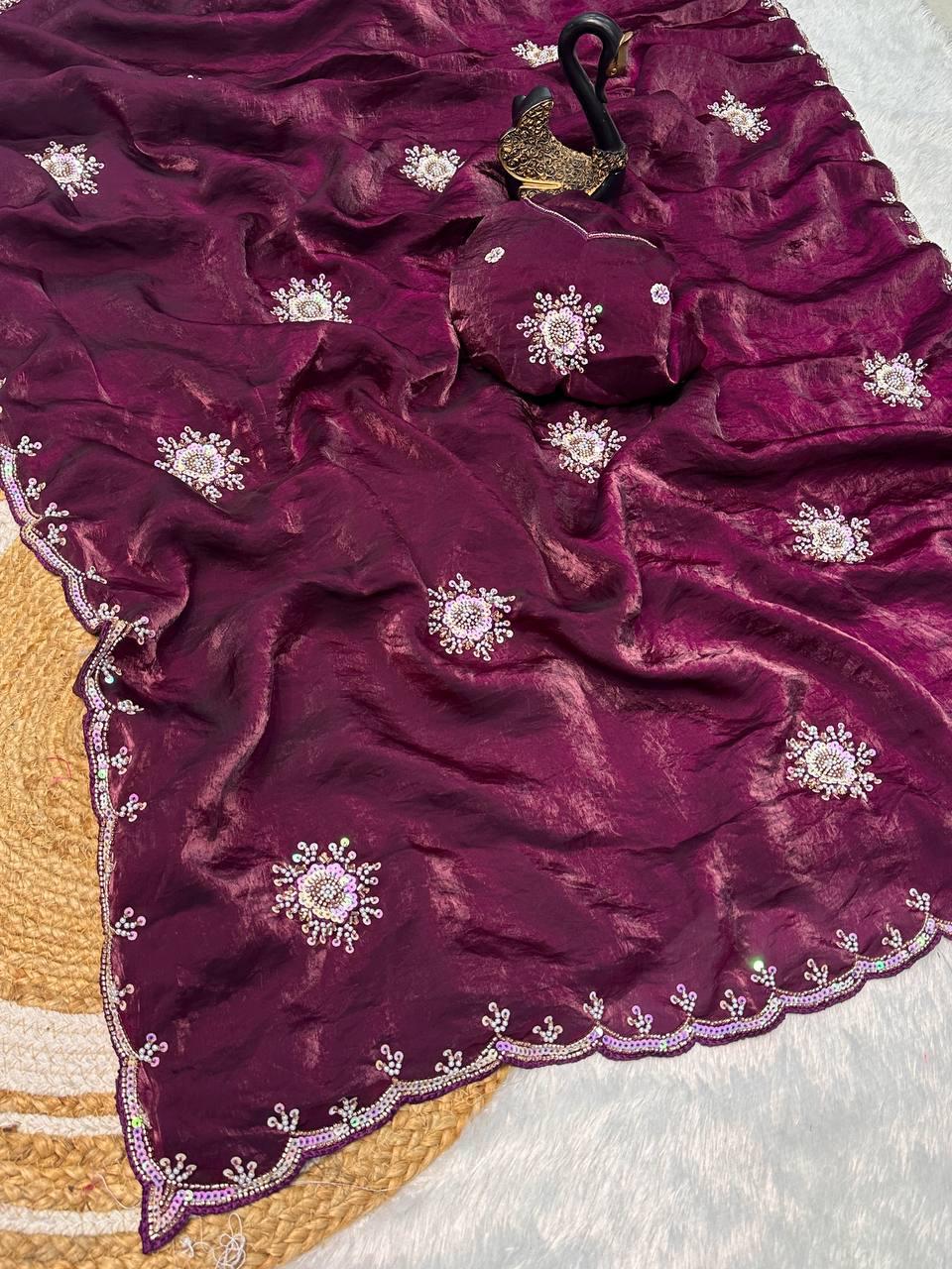 Blooming Purple Sequence Work Fandy Silk Saree With Petrichor Blouse Piece
