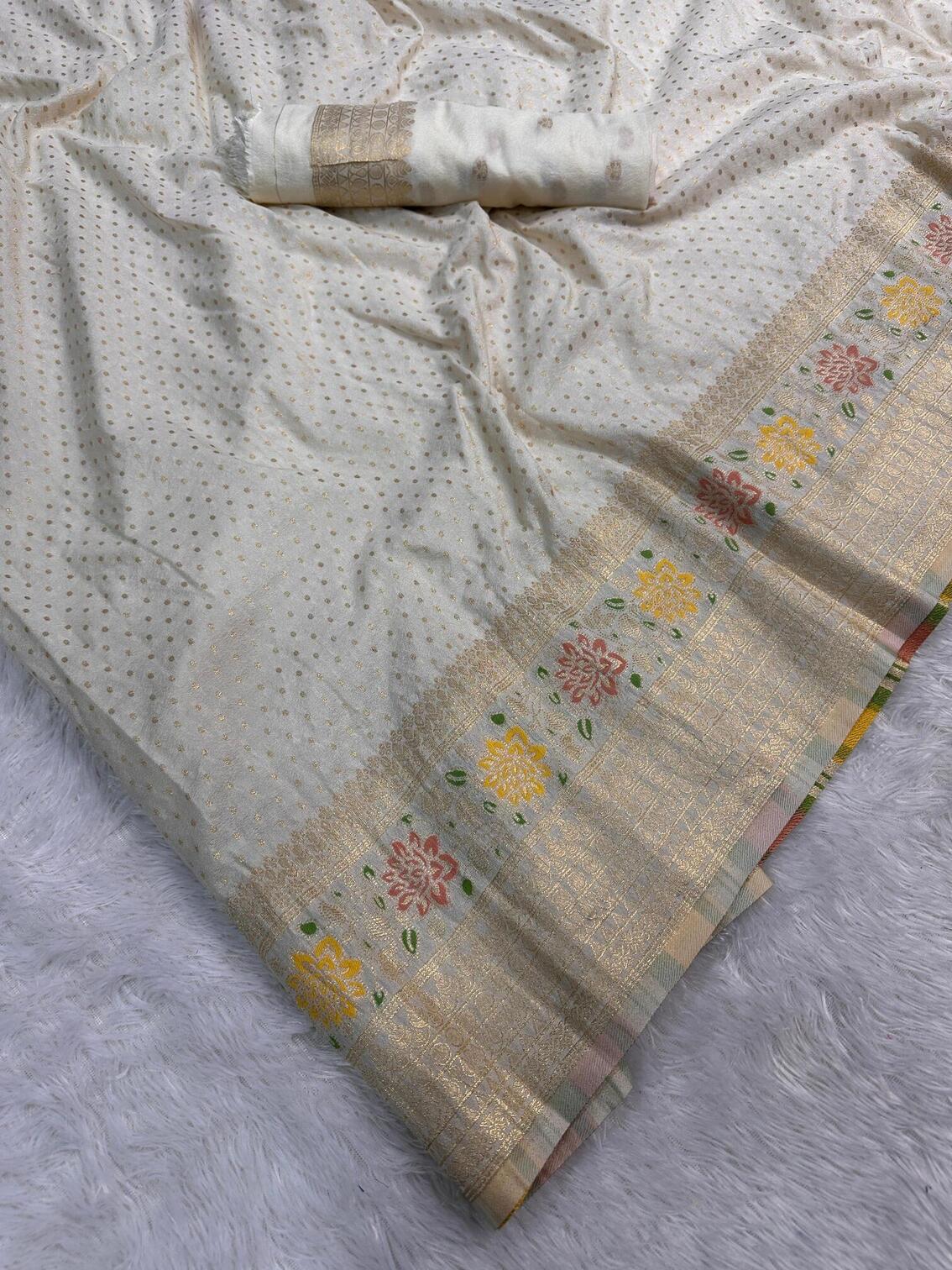 Dissemble Off White Soft Banarasi Silk Saree With Elision Blouse Piece