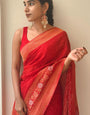 Opulent Red Soft Banarasi Silk Saree With Divine Blouse Piece