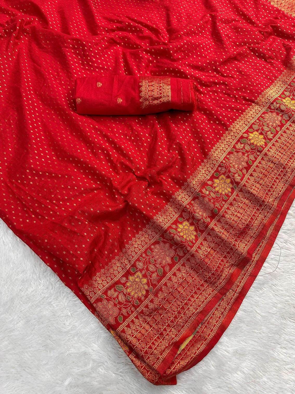 Opulent Red Soft Banarasi Silk Saree With Divine Blouse Piece